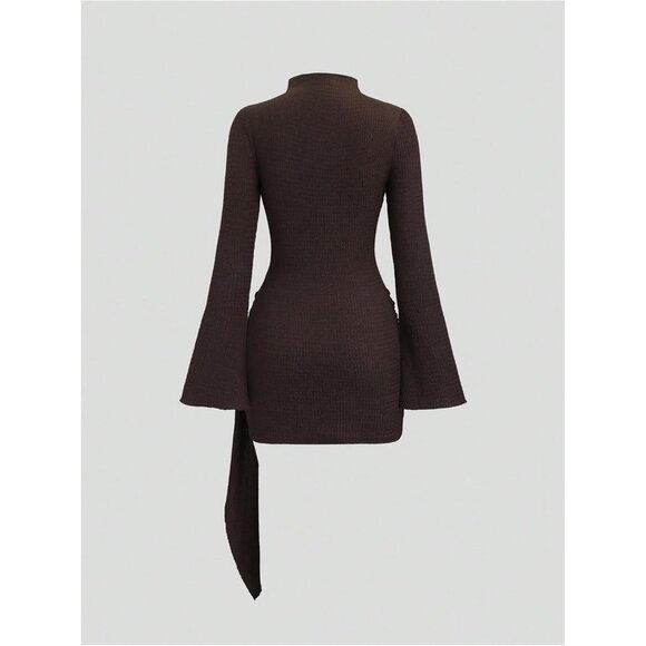Women's Coffee Textured Mock Neck Dress Long Bell Sleeve Ruched Bodice - Picture 2 of 5
